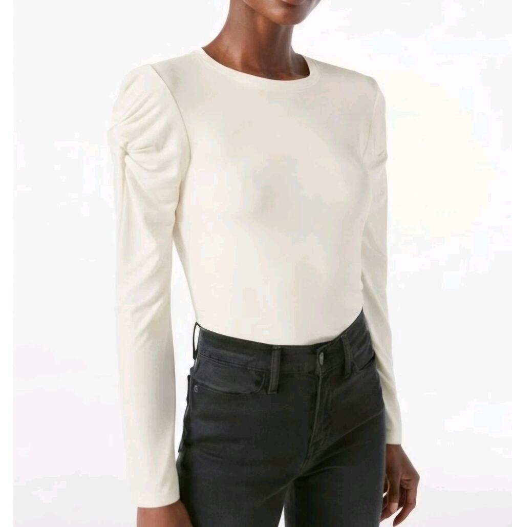 FRAME Twisted Puff Sleeve Top Off White S Crewneck Viscose Ruched Minimalist